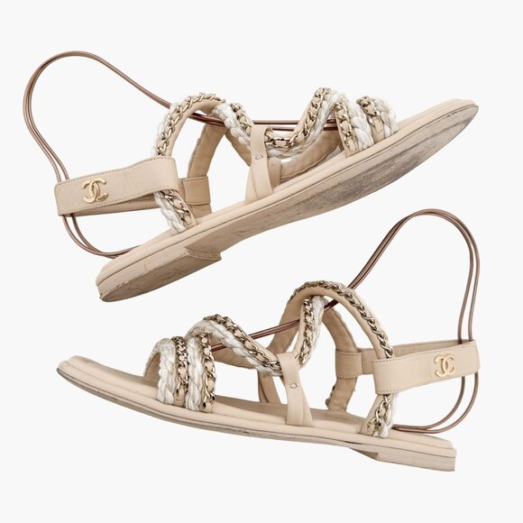 Chanel Chain & Cord Gladiator Sandals EU 39.5 US 8.5-9 Beige Leather Flat CC - Picture 7 of 14